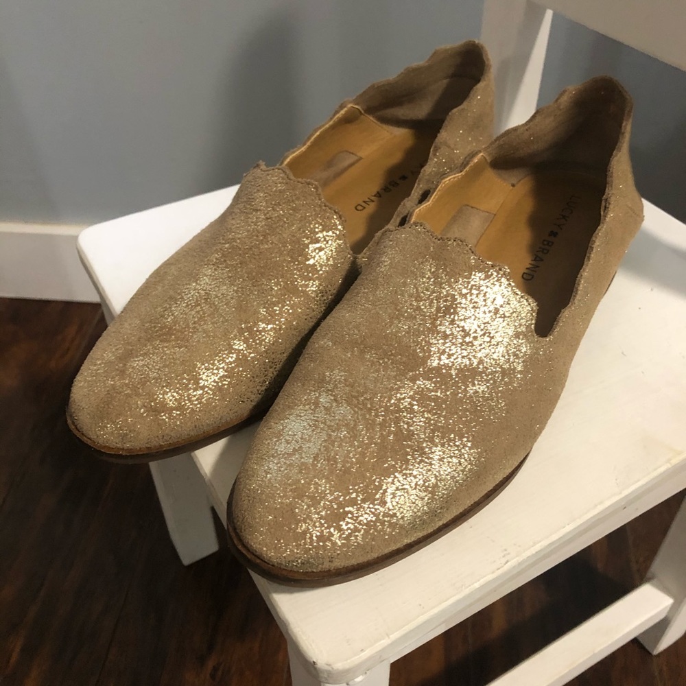 Sz. 8.5/38.5 Lucky Brand Gold Chaslie Genuine Soft Leather Loafer Shoes